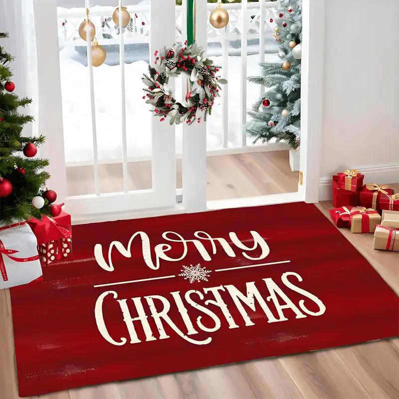 Vintage Red Merry Christmas Snowflake Letter Graphic Anti Slip Front Entry Doormat Classic Xmas Home Porch Floor Accent