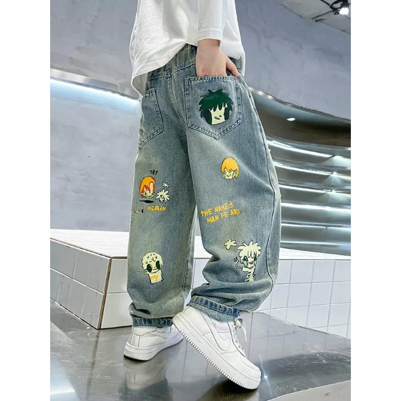 Boys' Jeans Spring and Autumn Cartoon Children's Pants Fashionable Big Boys' Straight Leg Pants Kids Hip Hop Pants 4-14Year