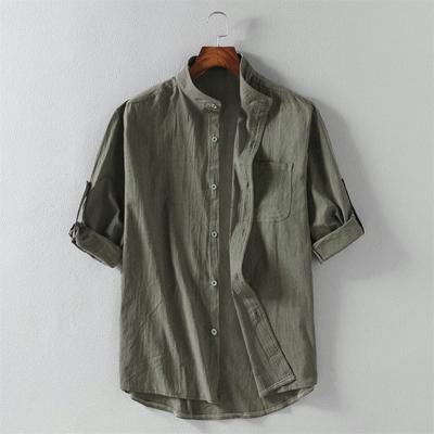 Men's Summer Stand Collar Half Sleeve Shirt Cotton Linen Loose Three-quarter Sleeve Large Size Shirt