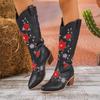 Damen-Stiefel mit mittlerem Absatz, bestickt, dicker Absatz, Leder-Cowboy-Stiefel, mittelhoch, Hundestiefel für Damen, mittelhoch