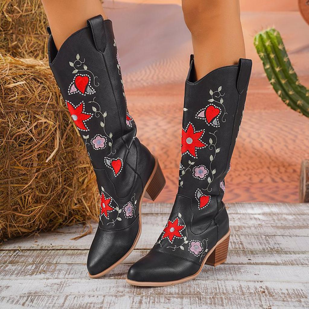 Damen-Stiefel mit mittlerem Absatz, bestickt, dicker Absatz, Leder-Cowboy-Stiefel, mittelhoch, Hundestiefel für Damen, mittelhoch