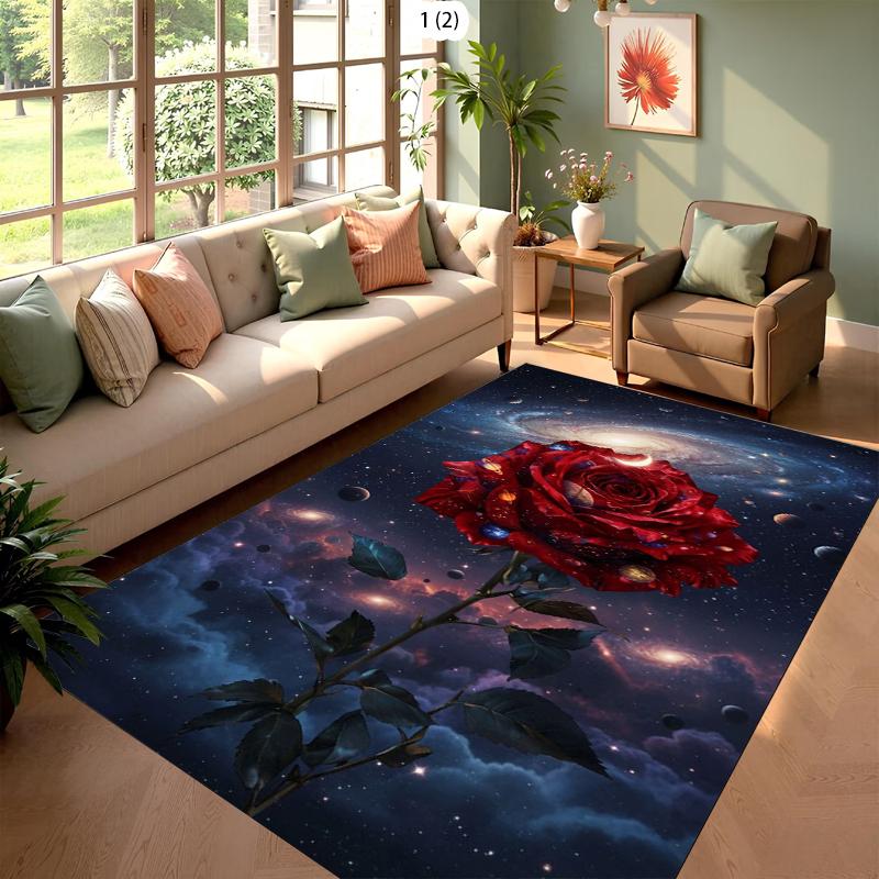 Magical Galaxy Red Rose Area Rug Fantasy Floral Starry Sky Soft Non-Slip Carpet Romantic Living Room Rug for Bedroom Girls Room