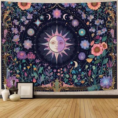 2D Psychedelic Astrology Tapestry Floral Sun Moon Modern Home Wall Art