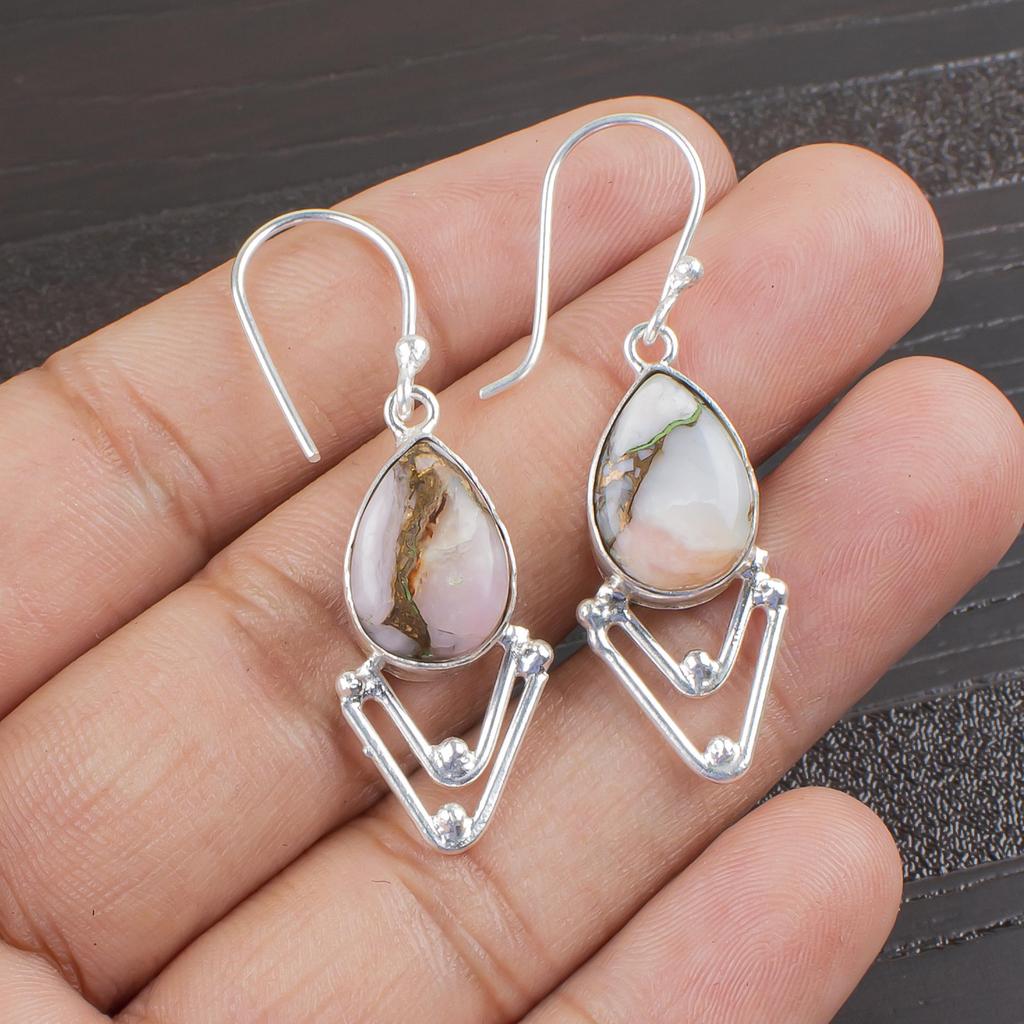 Pink Copper Turquoise Handmade Gemstone Earrings, 925 Solid Sterling Silver Earrings Antique Jewelry, For Engagement Gift