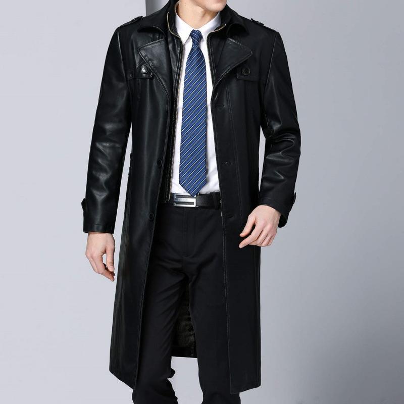 Chaqueta de Cuero para Hombre en Otoño e Invierno Nuevo Estilo Chaqueta de Cuero de Oveja para Padre de Mediana Edad Chaqueta Cortavientos Larga de Cuero con Cuello de Traje para Hombre