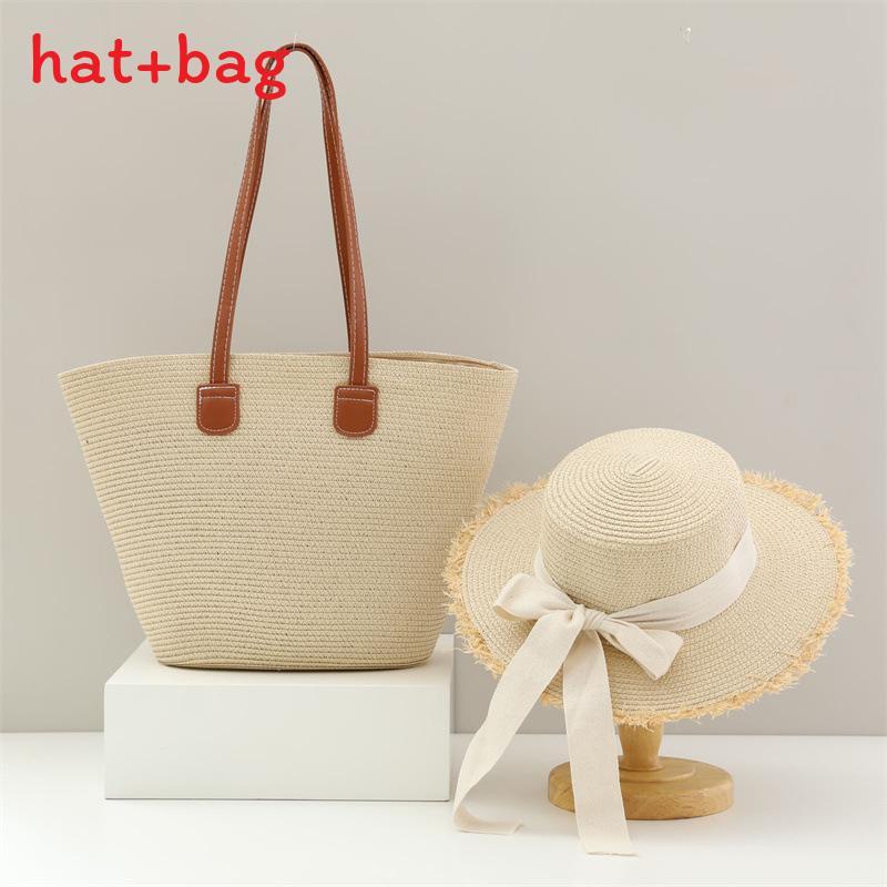 Woven Sun Hat And Large Capacity Straw Tote With Striped Pattern For Travel And Casual Wear
