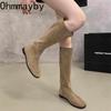 Vintage Elastische Schlankmachende Damen Kniehohe Stiefel Damen Outdoor Weiches Leder Flats Ritter Lange Stiefeletten