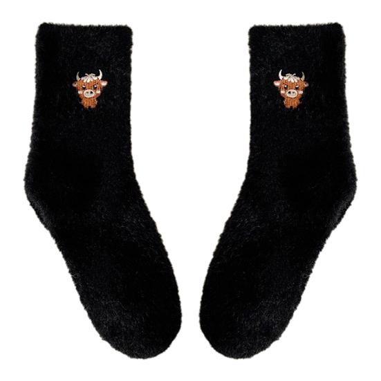 

Пухнасті шкарпетки з зображенням високогірної корови, затишні, теплі, плюшеві, високі. Милі вишиті коровки, товсті шкарпетки для жінок, для дому, відпочинку, сну