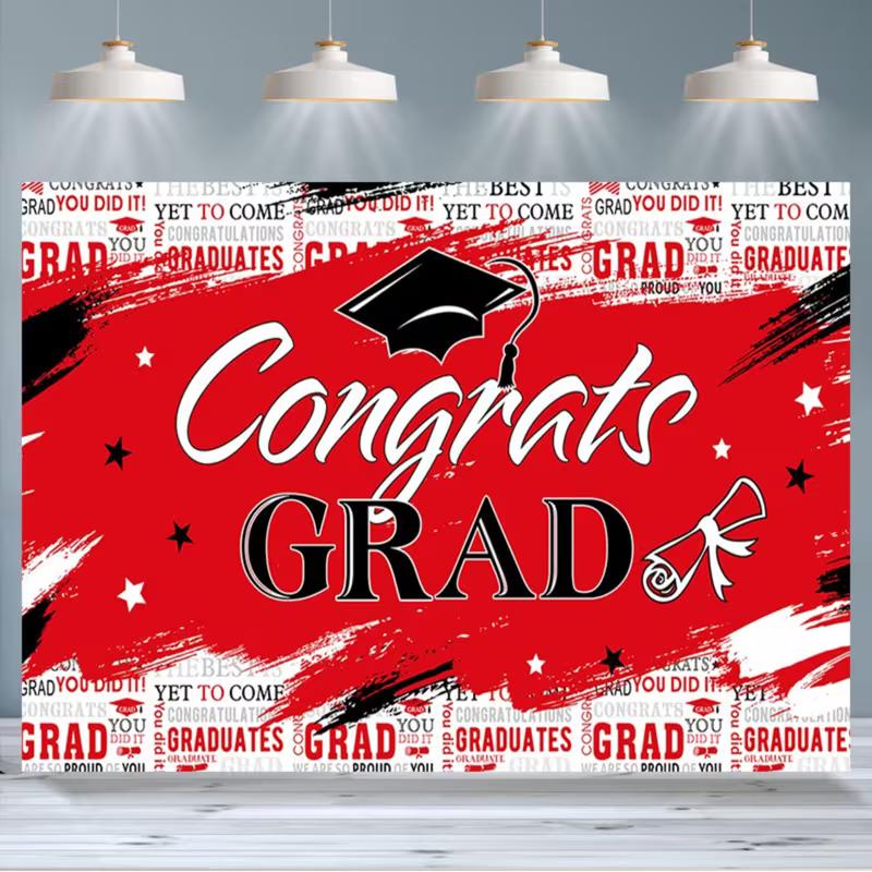 Red Congrats Grad Backdrop, Black and Red Graduation Tapestry with Cap and Diploma for Grad Party