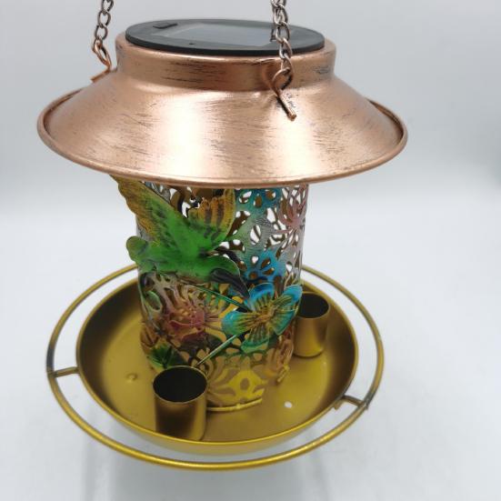 Bird Feeder with Light Hollow Pattern Design Solar Powered Hummingbird Food Holder Lantern Light Garden Decoration