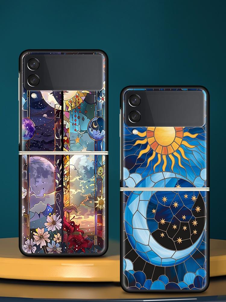 Beautiful Sun Moon Glass Hard PC Phone Case For Samsung Galaxy Z Flip 7 6 5 4 Black Cover For Galaxy Z Flip 3 Foldable Shell Bag