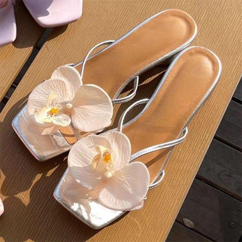 Fashion Women's French Summer Beach Cool Slippers Womens Elegant Flower Design Comfort  Slippers New Square Head Sandals Sandalias Mujer