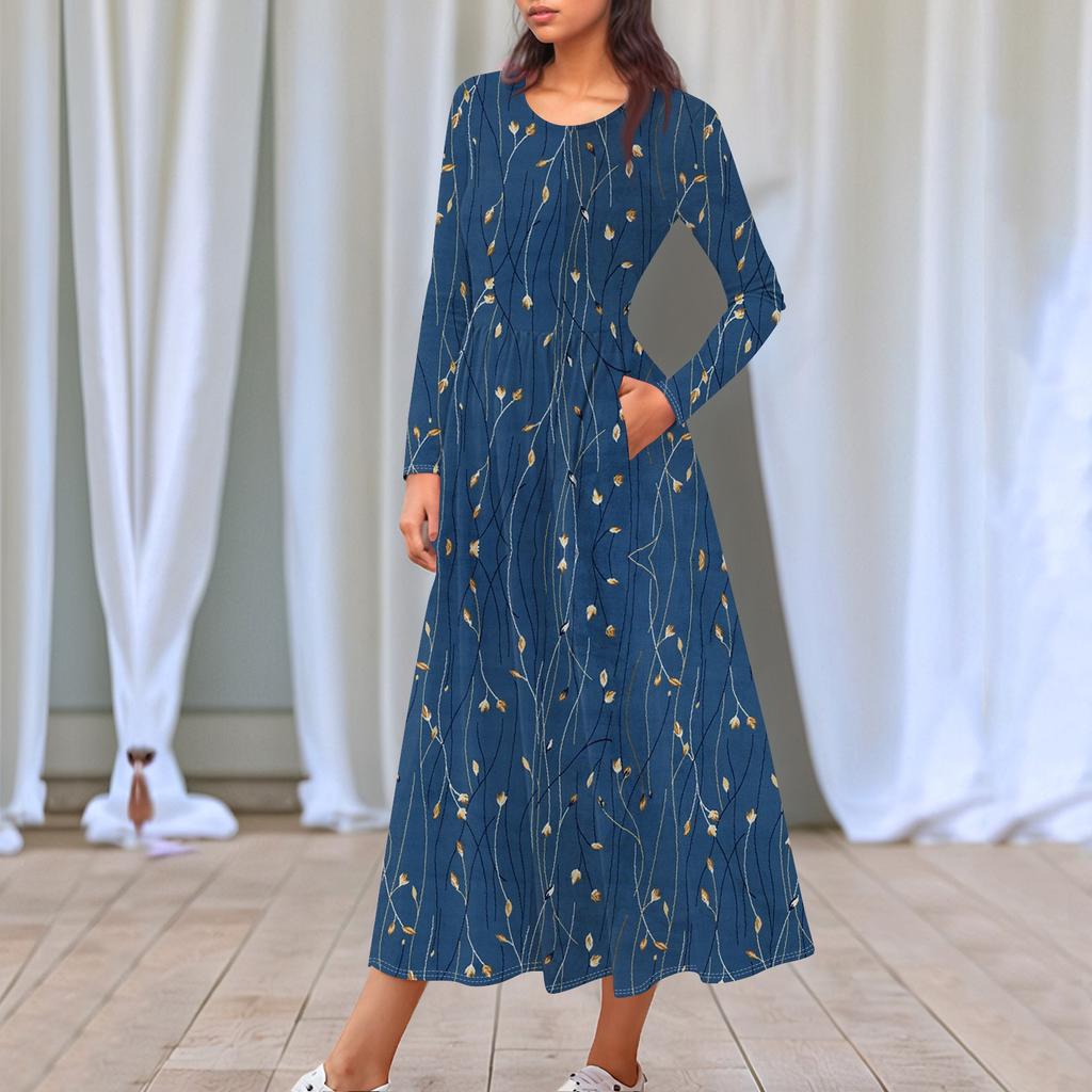 Dámské květinové šaty midi boho s přechodovým potiskem ležérní šaty s dlouhým rukávem splývavé, splývavé šaty s svátečními šaty do kapsy pro ženy
