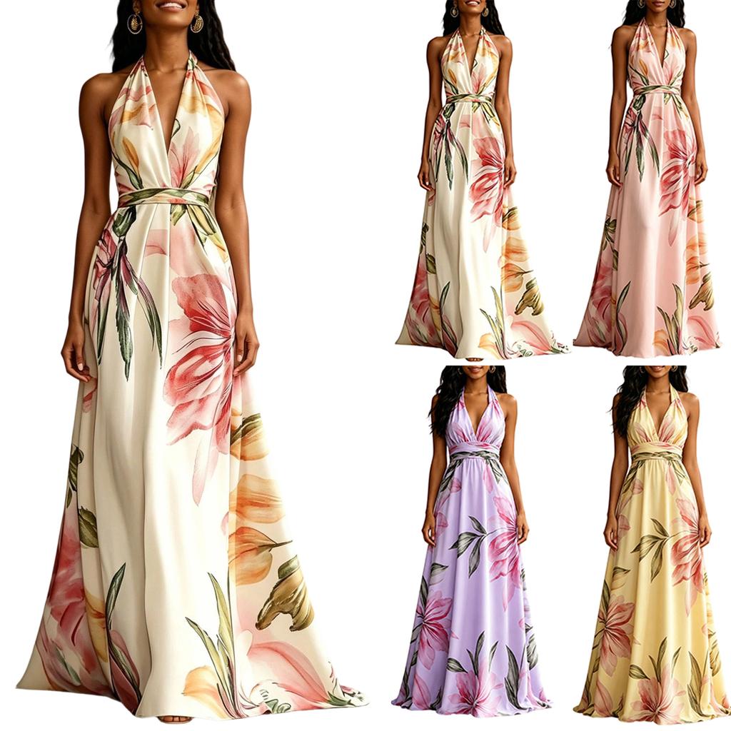 Women Neck Long Dress Backless Vacation Style Elegant Maxi Dress with Adjustable Tie and Floral Print for Summer Outings
