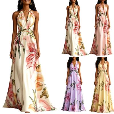 Women's Halter Neck Maxi Dress Backless Tie Waist Long Flowing Vacation Dress with Elegant Large Hem