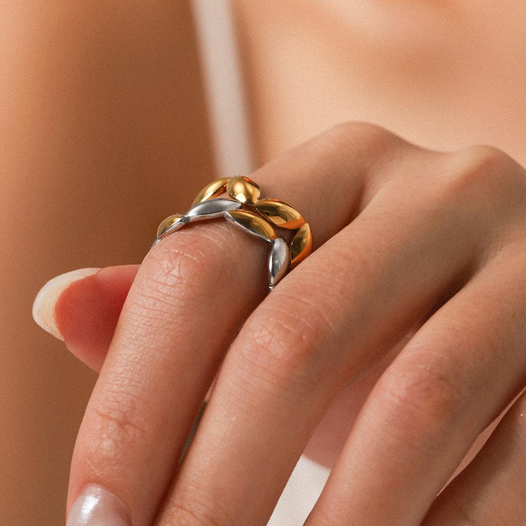 Irregular Open Ring with Gold Beans, Niche Design, Non-fading Titanium Steel Ring for Women