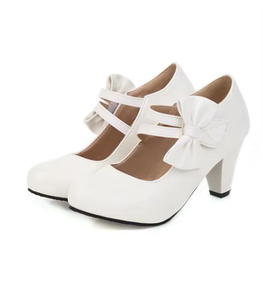 Fashion Cinderella Sweet Bow Hoop & Loop Pumps Round Toe Matte Soft Shoes Pink White Wide Fitting Well Made