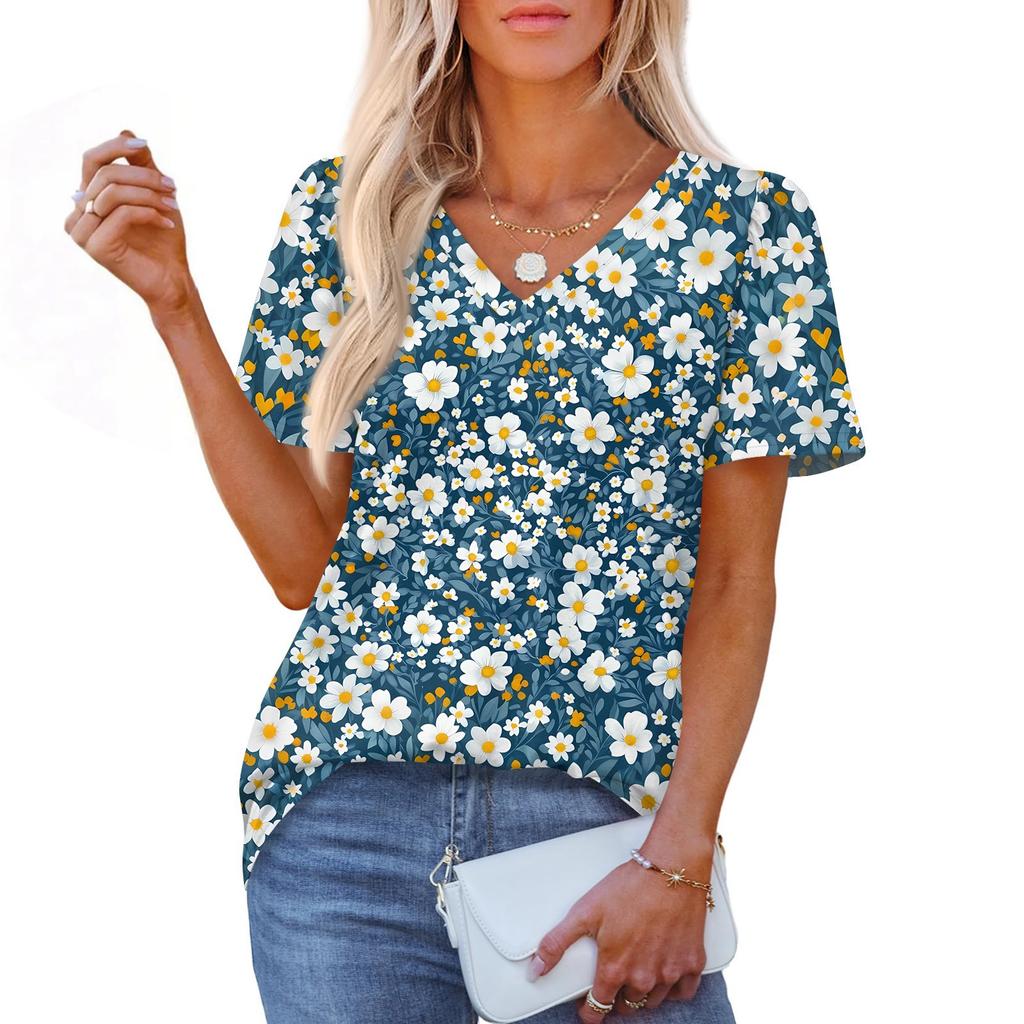 Damska Modna Codzienna Bluzka Pulower z Krótkim Rękawem z Nadrukiem i Dekoltem w Serek