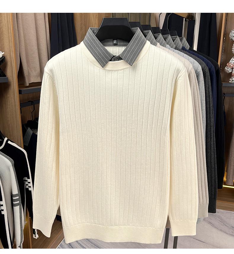 Men's Faux Two-Piece Autumn/Winter Knit Sweater with Shirt Collar - Casual Base Layer for Middle-Aged Dads