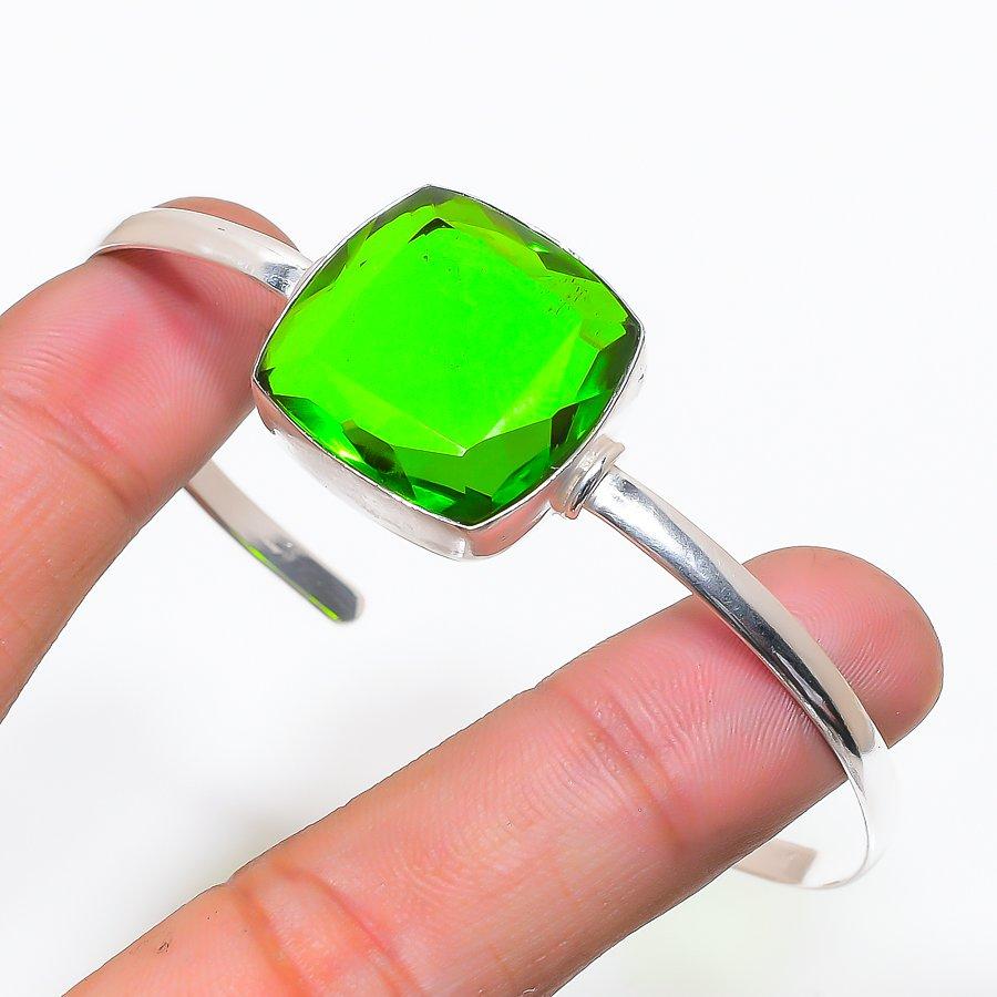 Natural Peridot Gemstone 925 Sterling Silver Cuff Bangle Adjustable AC-1414