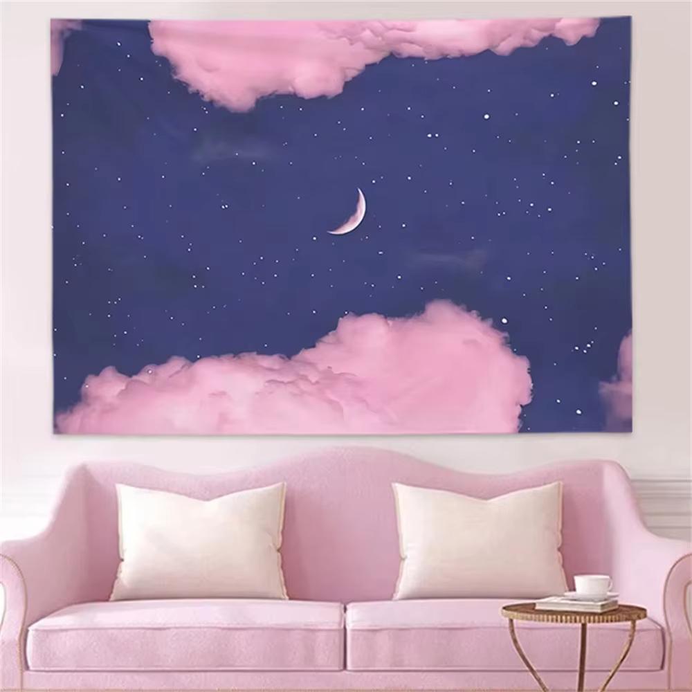 Gradient Sunset Fantasy Tapestry with Cloud Moon  Purple to Orange Color Shift for Living Room Sofa Backdrop Wall Decor