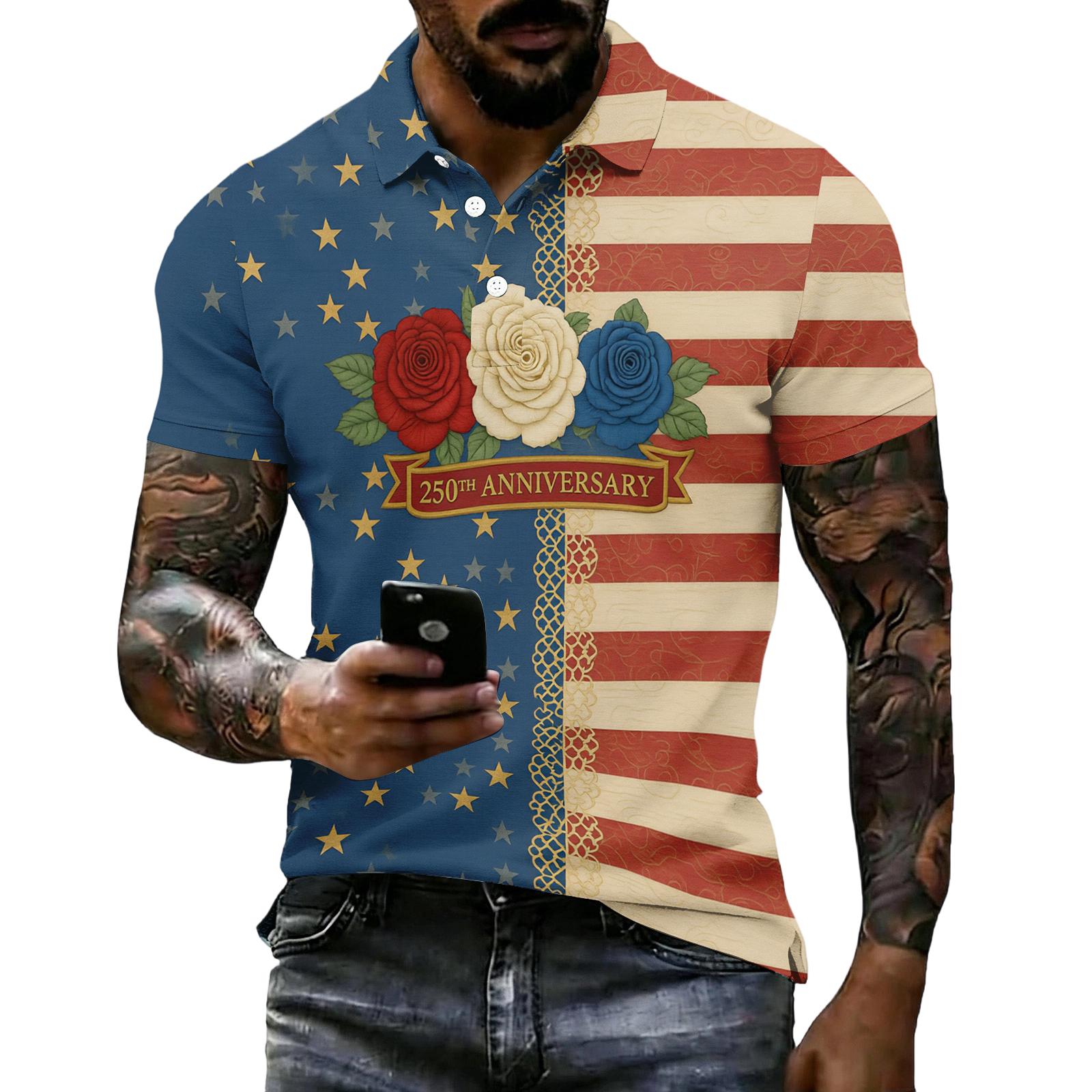 

Men s 250th Anniversary Short Sleeve Polo Shirt 1776 to 2026 Commemorative Casual Button Down Shirt with Graphic Print for Daily Wear S
