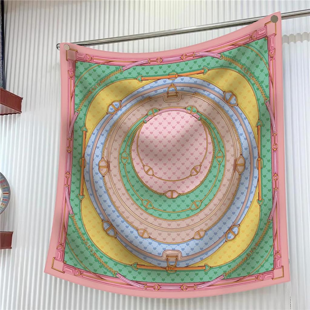 1PC90Cm French Love Circle Belt Chain High Quality Twill Silk Shawl Sunscreen Large Square Scarf Decorative Scarf Wholesale