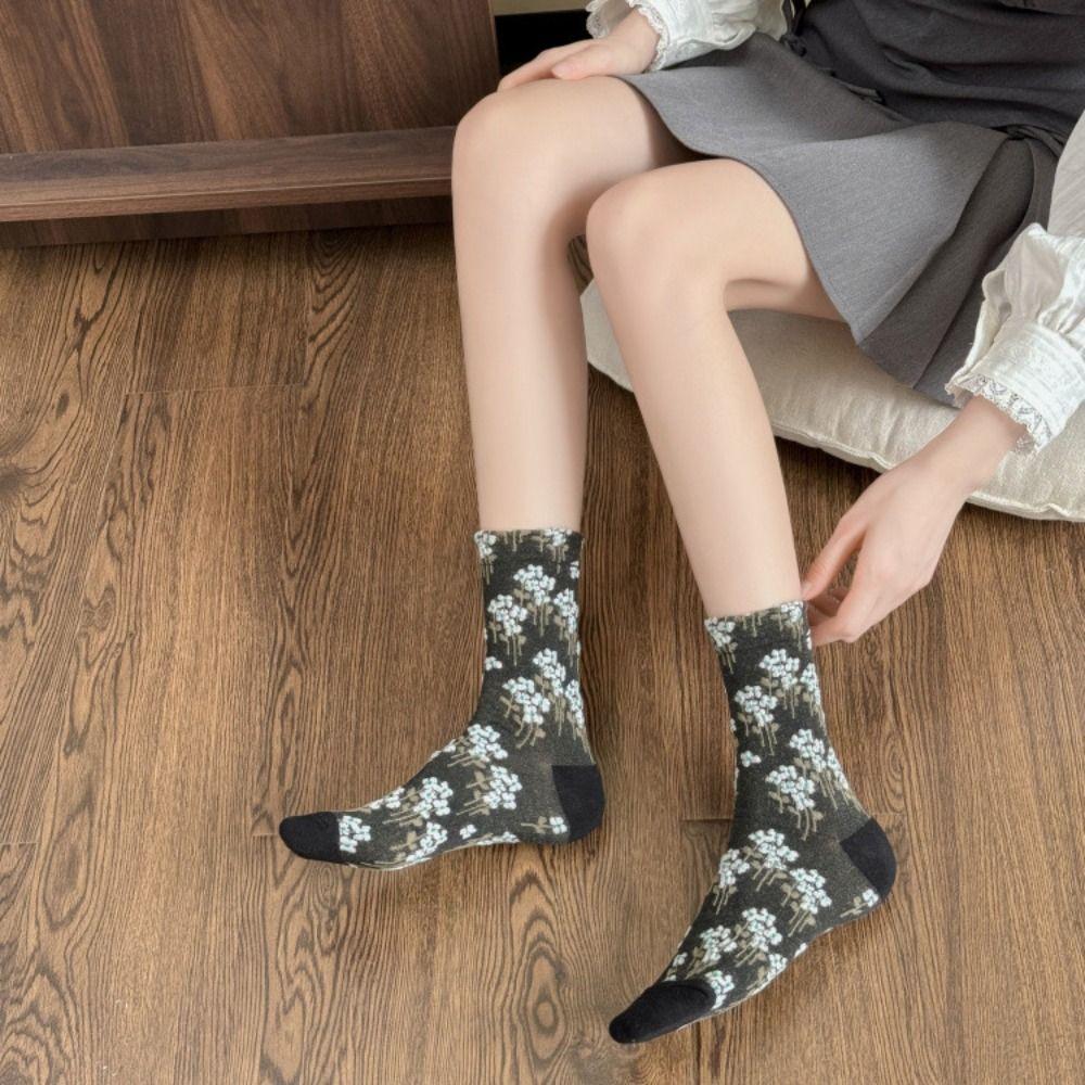 5Pairs Breathable Floral Short Socks Patchwork Retro Socks Comfortable Mid Tube Socks  Autumn