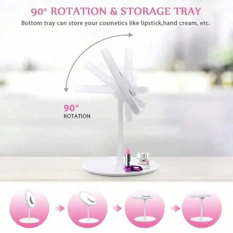 LED Makeup Mirror With Adjustable Dimming Rotating Storage USB Vanity Mirror Light Up Your Beauty Routine