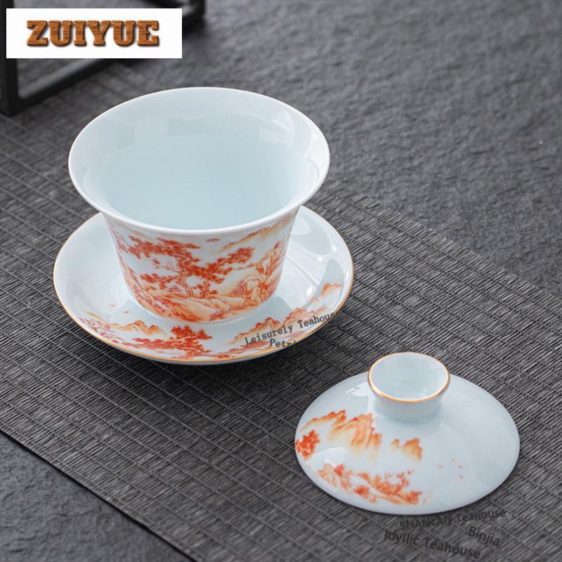 150ml Mutton Fat Jade Famille Rose Landscape Gaiwan Elegant Tea Tureen Tea Bowl With Lid Kit Tea Brewing Cover Bowl Cha Craft