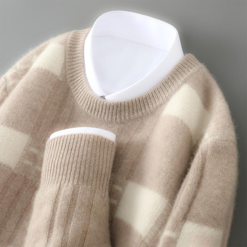 Round Neck Color-blocking Striped Cardigan Men's Autumn and Winter Fashion Versatile Cashmere Knitted Base Shirt Comfortable and Warm Sweater
