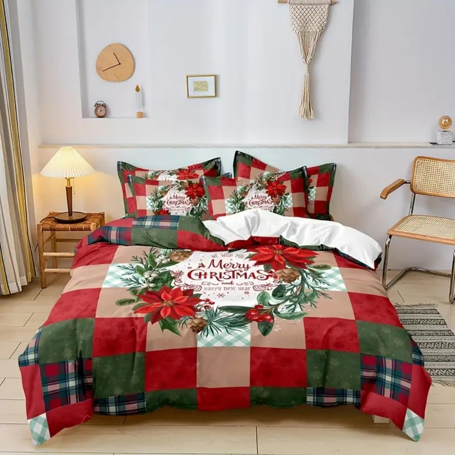 

3pcs Christmas grid Pattern Duvet Cover Comfortable And Soft Bedding Set For Bedroom Dormitory Room Decoration Christmas gift EU Single(135*200cm)3pcs