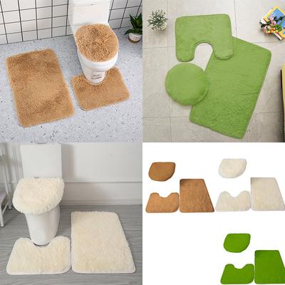 3pc Bathroom Set Rug Mat Toilet Lid Cover Plain Solid Color Bathmats