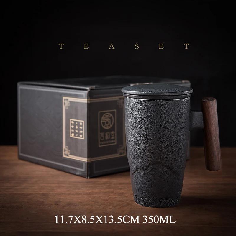 Luxury Retro Tea Cup Ceramic Mug Elegant Large Capacity Office Filter Black Water Cup with Cover Mugs Unusual Wooden Handle Cups Gift Ideas Box