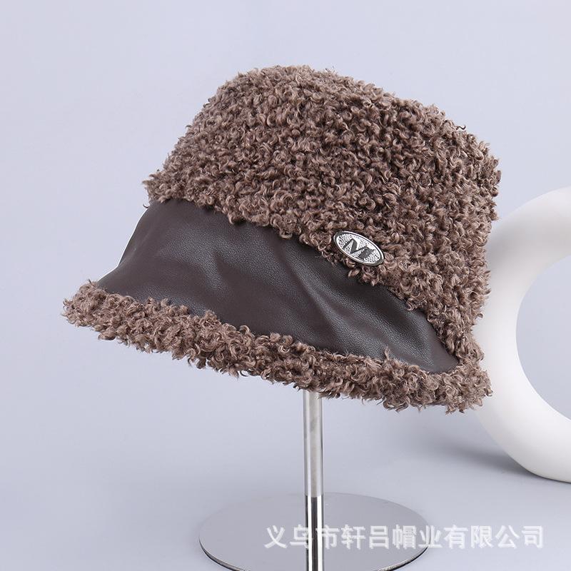 Lamb wool bucket hat women's autumn and winter warm and cold-proof plush basin hat showing small face splicing pu leather bucket hat