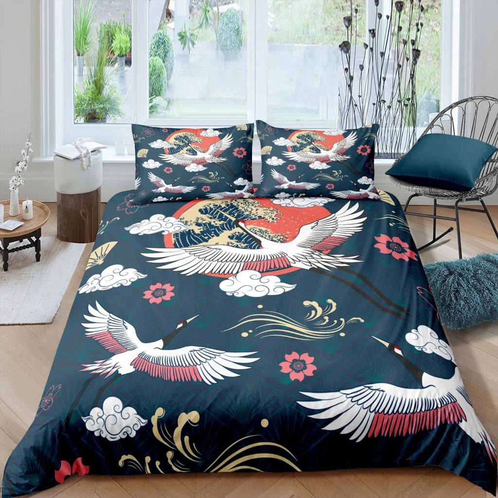 Japanese Crane Duvet Cover King Queen Size Wave Flower Ukiyo-e Style Bedding Set Eastern Culture 23pcs Polyester Quilt Cover