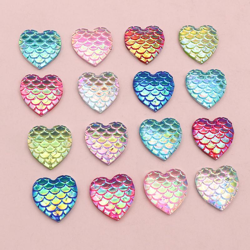 40pcs 12mm Heart Shape Mermaid Fish Scale Resin Cabochons Dome Flat Back DIY Jewelry Making Accessories for Earrings Bracelets