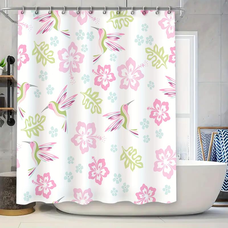 

Hibiscus Hummingbird Shower Curtain For Bathroom Decor Pink Floral Print Waterproof Fabric Customizable Length Set With Hooks (L W60H190(CM)-1 Pcs