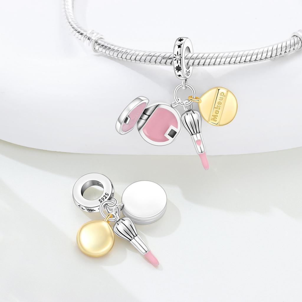 Copper Blush Puff Brush Prayer Hand Chain Charms Beads Pendant For Original Bracelet Woman Girl Jewelry