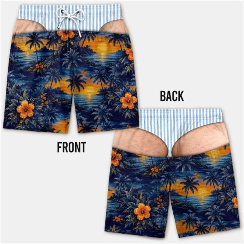 Funny Design Swim Trunks Fake Butt Shorts for Men Thong Illusion Fake Denim Gifts S-5XL Beach Shorts