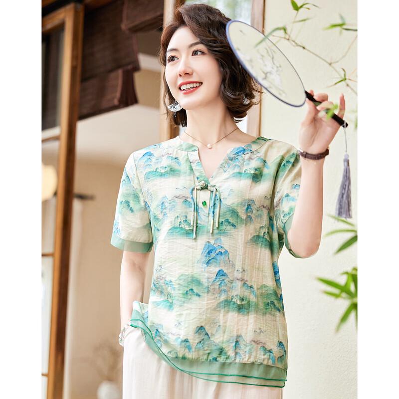 Damen Sommer Neu Chinesischer Stil Tuschemalerei Druck V-Ausschnitt T-Shirt