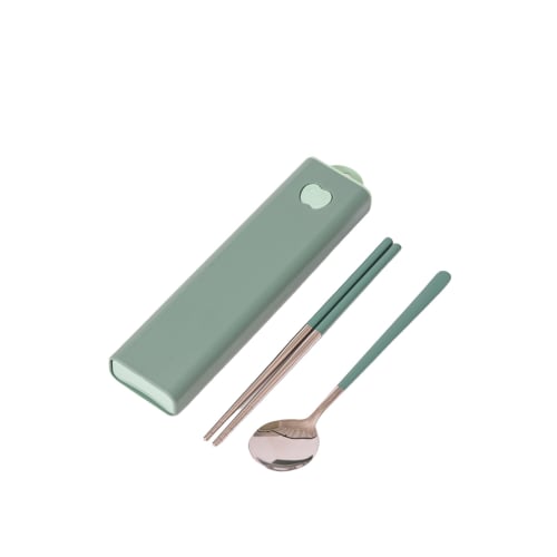 KASHIBAKER Stainless Steel Chopsticks and Spoon Combination Set, 18.5cm, with Case, Perfect for Kids, Camping, and Dishwasher Safe, Gray-Green