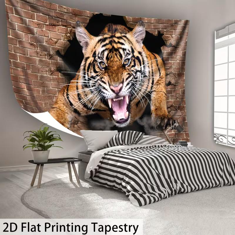 2D Roaring Tiger Tapestry Realistic Brick Wall Background Decor