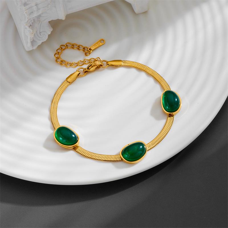 Elegant Colorfast Titanium Steel Jewelry Set: Five Emerald Flat Snake Chain with Earrings, Bracelet, and Necklace