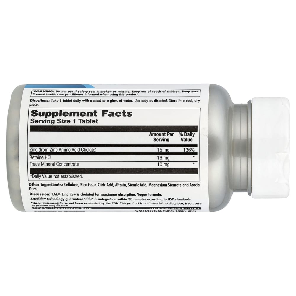 KAL Zinc 15+ with Betaine HCl & Trace Minerals, 100 Tablets