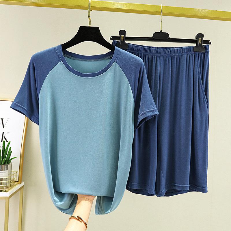 

Мужская и женская весна-лето плюс размер футболка с коротким рукавом пижама одежда для сна домашняя одежда парные комплекты из двух предметов XXXXXXL синий