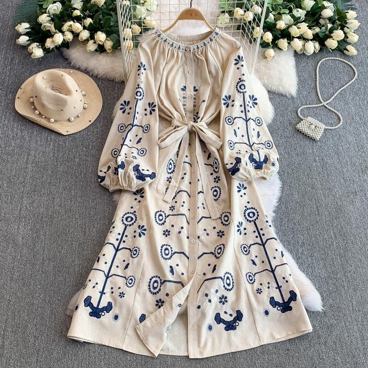 Vintage Embroidered Bandage Dress for Women Bohemian Lantern Sleeve Long Dress with Buttons Spring Autumn Vestidos Mujer