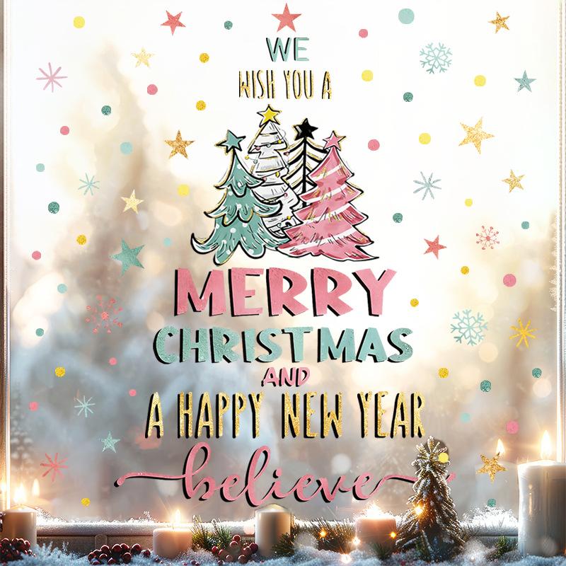 Christmas Home Wall Decoration Wall Sticker Self-adhesive Festive Atmosphere Watercolor Christmas Tree Snowflake Window Sticker
