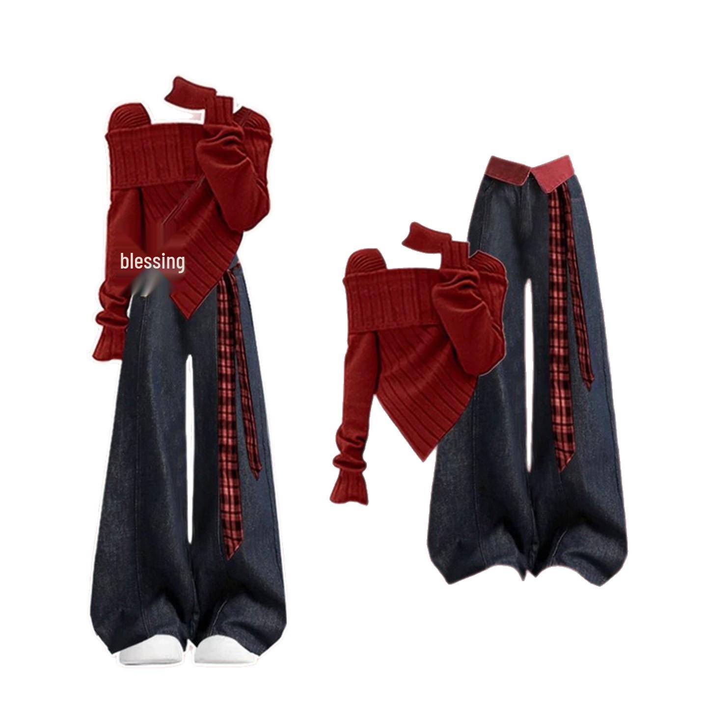 

Elegant Winter Red Knit Sweater & High-Waisted Wide-Leg Pants Set XL (for 115-125 jin)