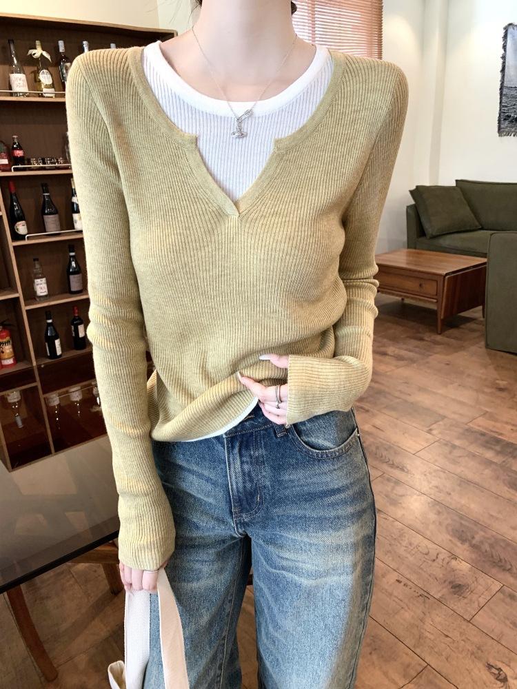 Spring New Casual Skinny Collar Fake Two Bottom Sweater Women's Fashion Lazy Commuter Long Sleeve Knitted Sweater